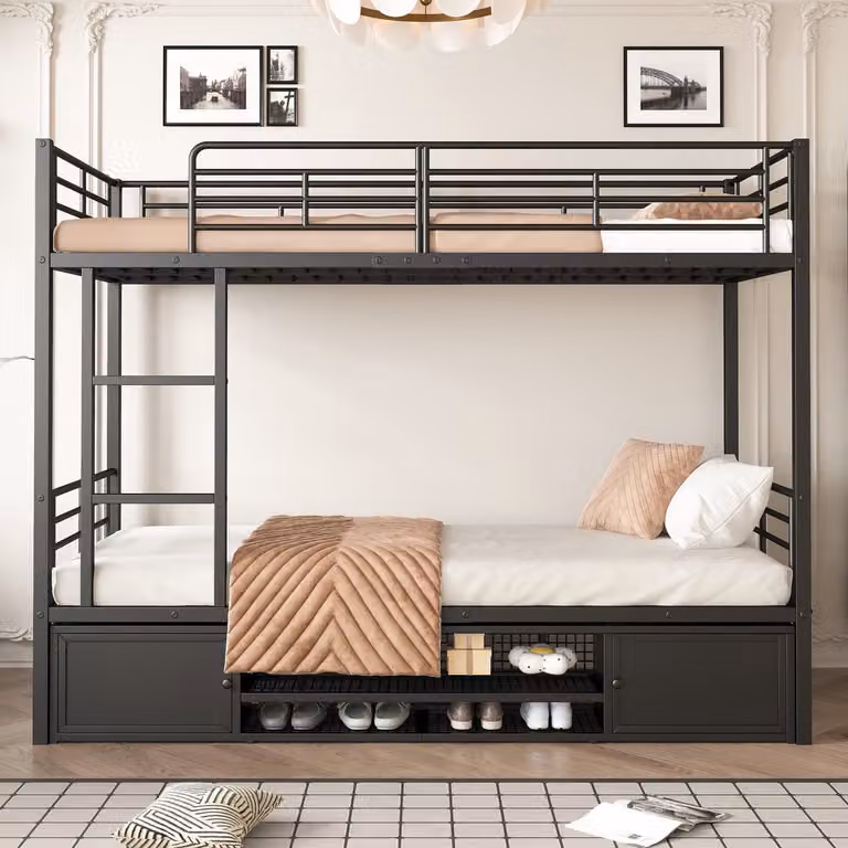 MODENUIT Stapelbed voor kinderen met zijladder, valbeveiliging, schoenenrek en 2 kastjes, Metaal, Zwart, 90 x 200 cm