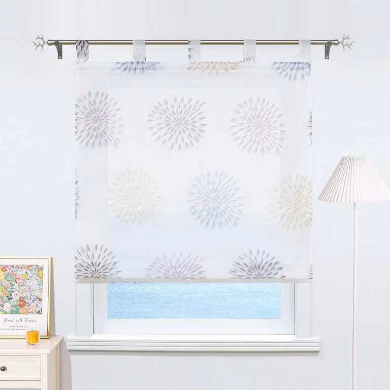 Paars vouwgordijn met lussen en cirkelmotief design, voile keukengordijn, B80 x H140 cm