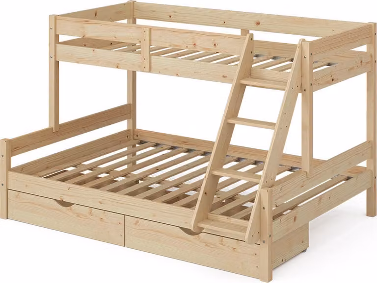 Vitalispa Everest Stapelbed voor kinderen van natuurlijk hout met laden, 140 x 200 cm / 90 x 200 cm