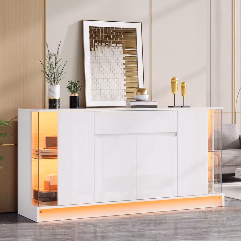 Pugsdrly Servieskast met glazen vitrine, lade en dubbele deuren, hoogglans MDF met geïntegreerde LED-verlichting, modern design voor de woonkamer, B/D/H: 150 x 75 x 40 cm