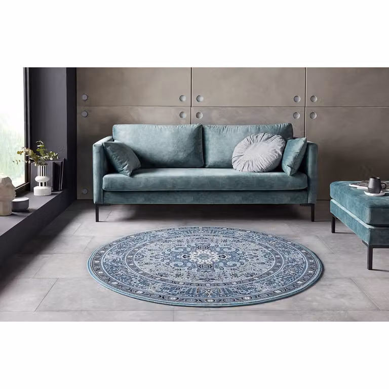 home24 Skazar Isfahan II Laagpolig Vloerkleed Blauw/Hemelsblauw Rond Ø 160 cm