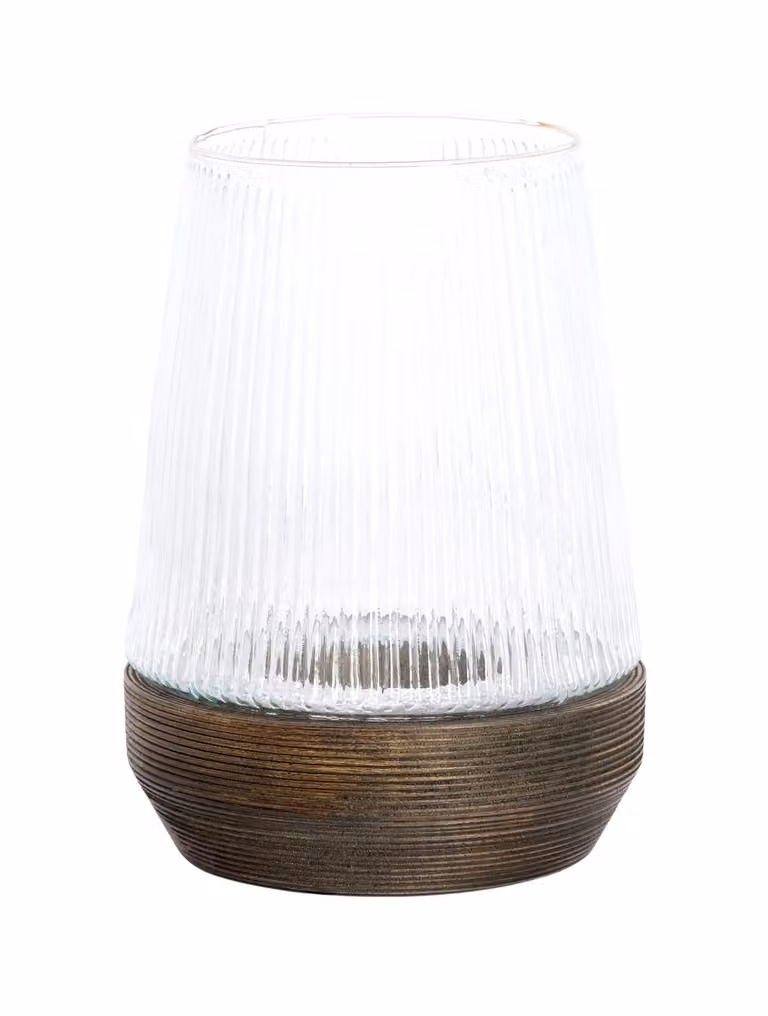 Light en Living Windlicht MINAS Transparant Glas met Donkerbruin Hout en Ribbelstructuur, B: 22 cm, H: 30 cm