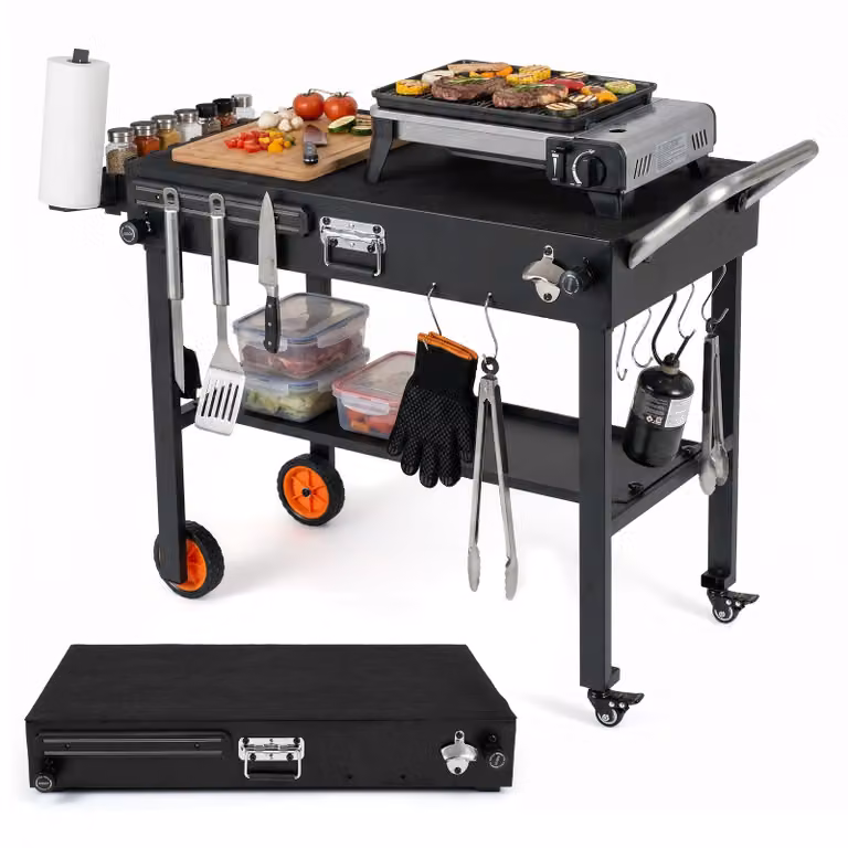 Costway Opvouwbare Grillwagen met Wielen, Draagbare Grilltafel met Werkblad en Hittebeschermmat, B: 82 cm, D: 46 cm
