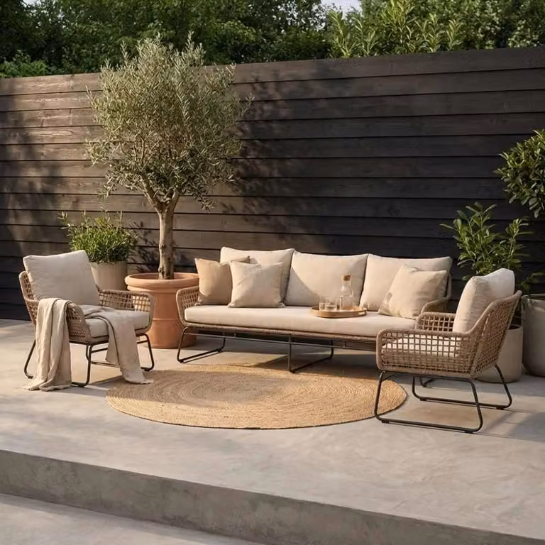 Valencia 3-delige loungeset voor 5 personen met touw en aluminium in Sahara Dust