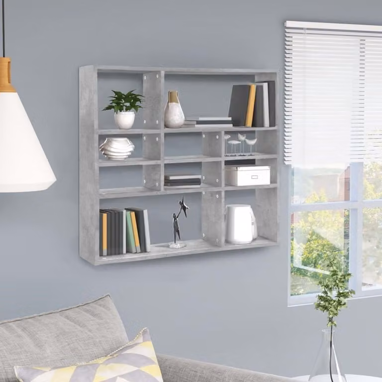 Grijs Wandplank Beton met Tien Open Vakken - Breedte: 90 cm