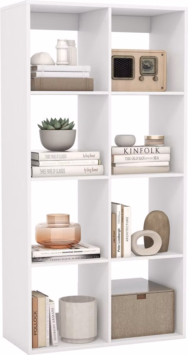 Costway Boekenkast met 4 lagen en 8 vakken, Houten kubusrek met kantelbeveiliging, Wit, B/D/H: 69,5 x 33 x 137 cm