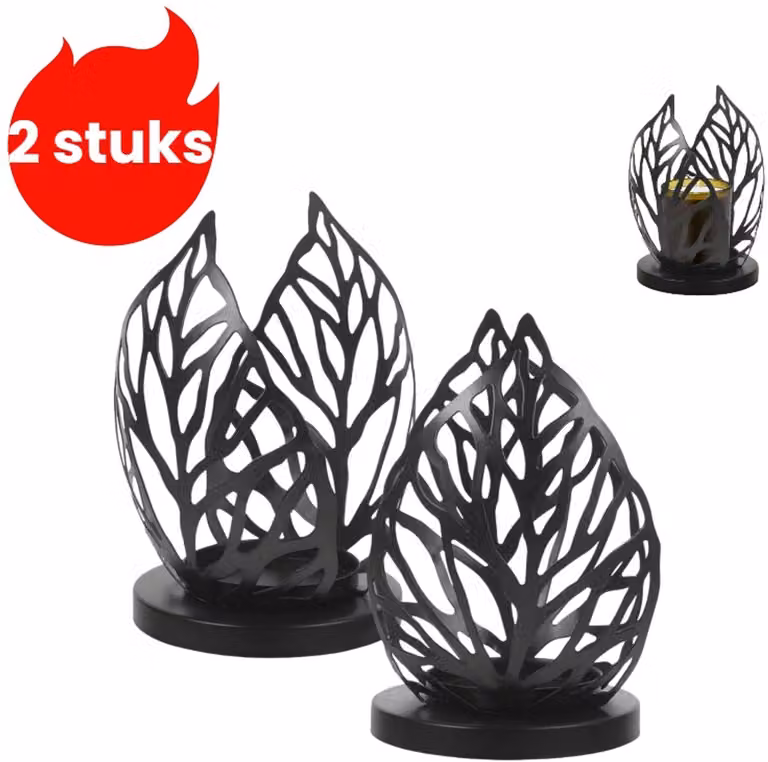 Set van 2 zwarte ijzeren kaarsenhouders voor tealights, romantische Scandinavische decoratie voor Valentijnsdag