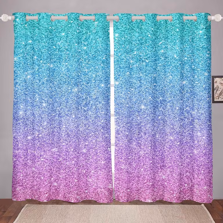 Verduisterende meisjesgordijnen in kleurenmix turquoise en roze pastel met glitters voor de slaapkamer