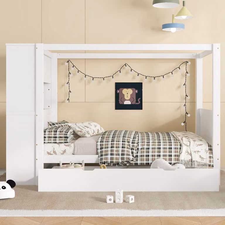 COVREO Hemelbed voor kinderen met 5 lades en uitvalbeveiliging, wit, B/D/H: 240 x 94 x 155,5 cm