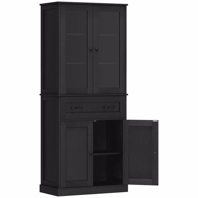 HOMCOM Keukenkast Buffet met Acrylfront en Lades, Zwart, H x B x D: 182,5 x 76 x 40 cm