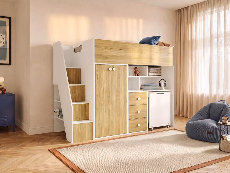 LANILATO Hoogslaper voor kinderen met bureau, kast en trap - Wit - B/D/H: 190 x 90 x 201 cm