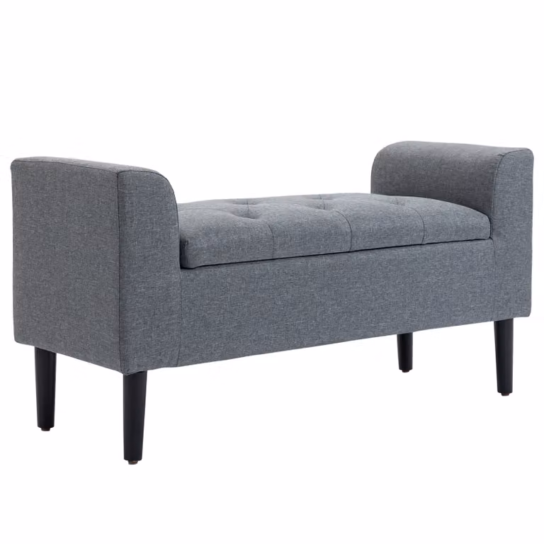 HOMCOM Opbergbank in lichtgrijs linnenlook met rubberhout, B/D/H: 116 x 44 x 58 cm