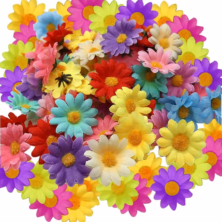 Set van 100 stuks zijden margrieten en mini kunstbloemen voor knutselen en decoratie, kleurrijke bloemkoppen van 4 cm