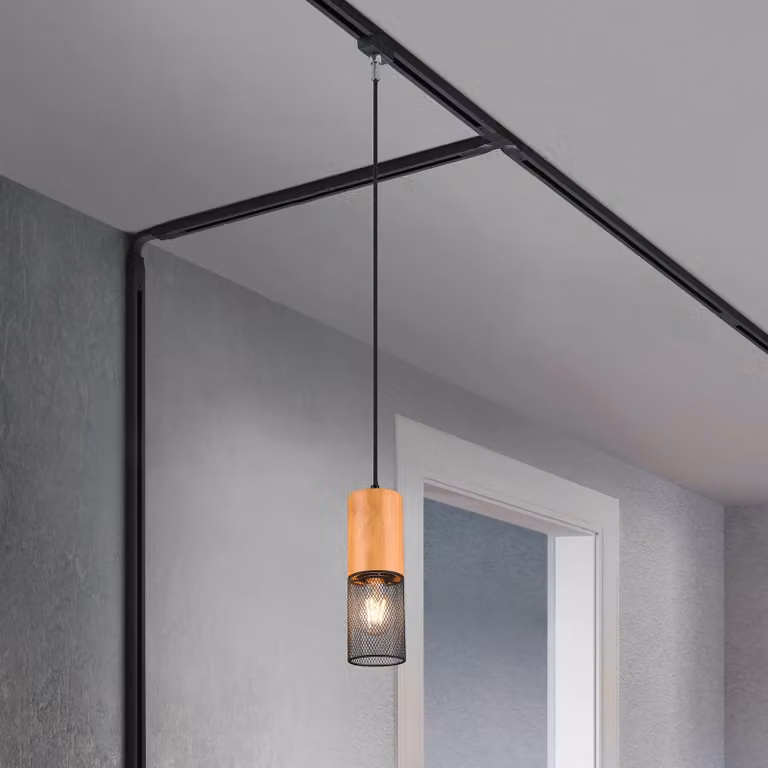 Trio Lighting DUOline Tosh hanglamp voor railverlichting, zwart en hout, modern design