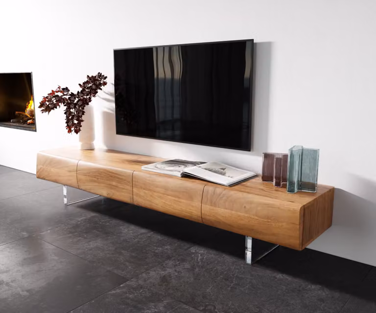 DELIFE TV-meubel New Live-Edge van acacia hout in natuur met 4 deuren en transparante acrylpootjes, B/D/H: 200 x 40 x 39 cm