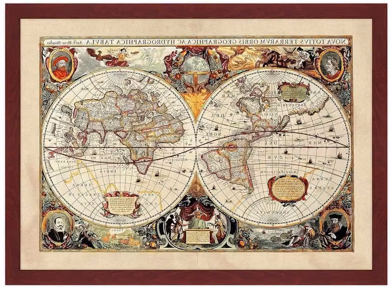 Poster met lijst - Wanddecoratie kaart op antiek karton - Rood - 50 x 70 cm