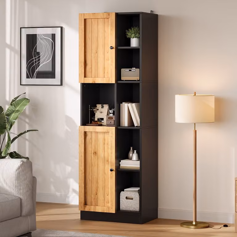 MIVRAY Keukenkast Hoge Opbergkast met 6 Open Vakken en 2 Deuren, Zwart Naturel, B: 50 cm, D: 35,5 cm, H: 170 cm