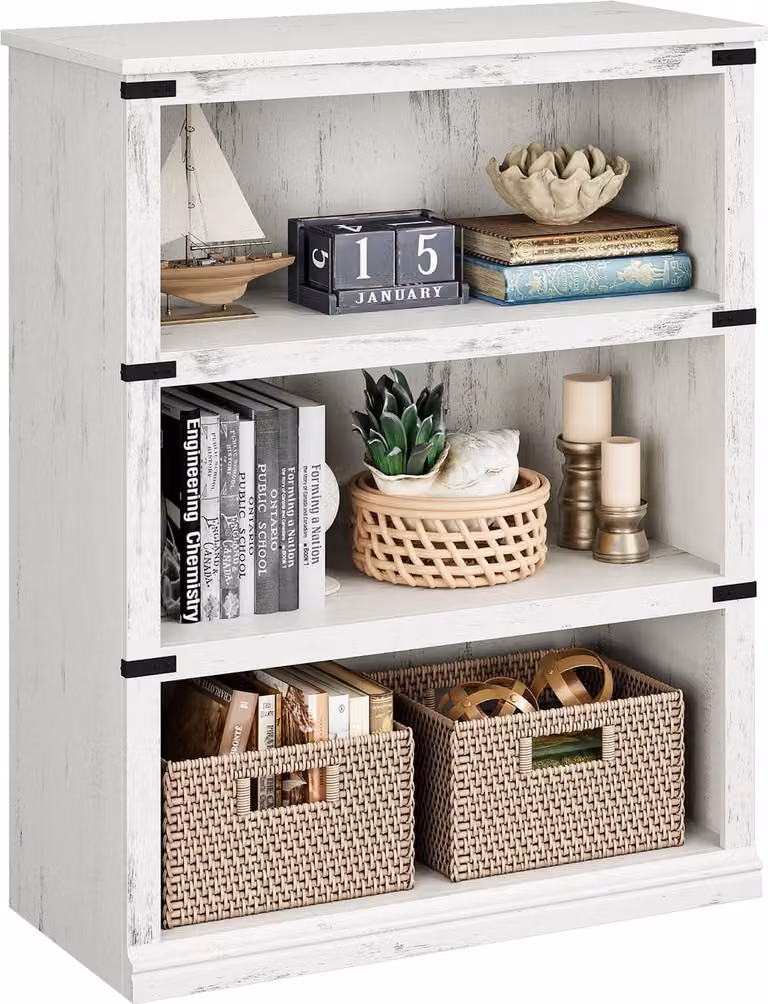 Lage Boekenkast met 3 Vakken in Rustiek Wit - Landelijke Open Opbergkast met Kroonlijst en Anti-omvalbeveiliging - B/D/H: 80 x 32 x 102 cm
