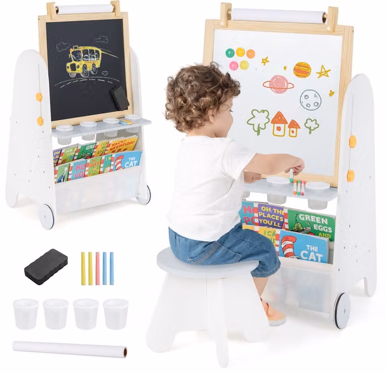 vidaXL Kinderkunst-Ezel met Kruk 4-in-1 Activiteitentafel met Magnetisch Bord, Krijtbord en Boekenplanken voor Kinderen 3+