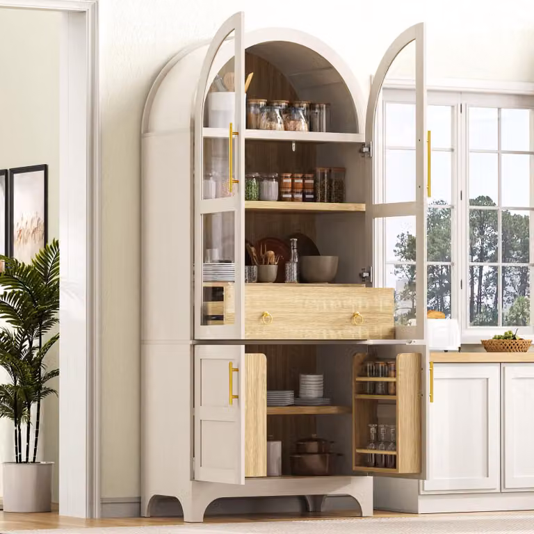 MODFU Keukenkastje met ribbelglas en gebogen design, witte buffetkast met glazen vitrine en lade, H x B x D: 180 x 76 x 40 cm