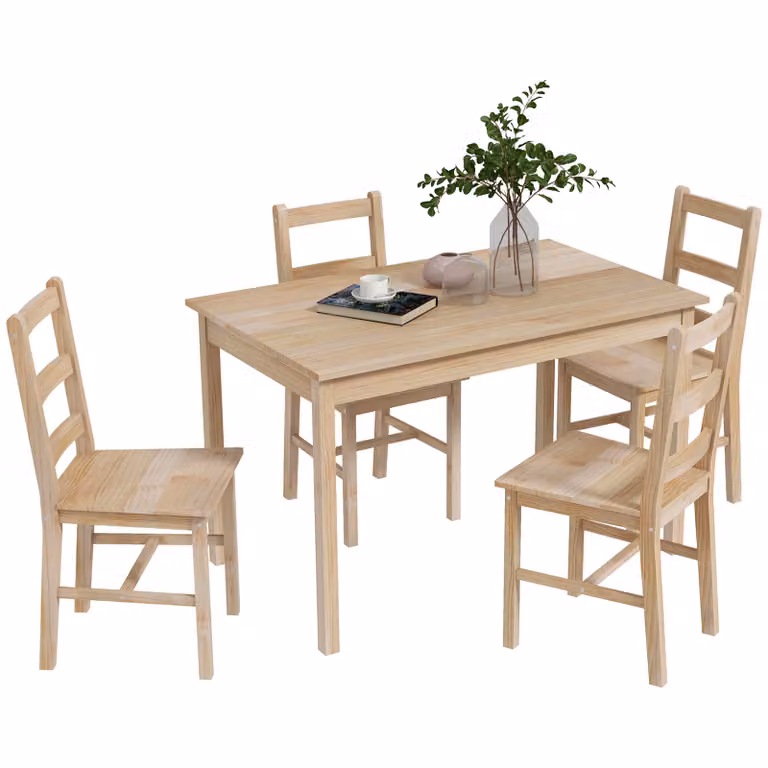 HOMCOM 5-delige eethoek met eettafel en 4 stoelen, Natuurhout, B: 118 cm, D: 73 cm, H: 75 cm