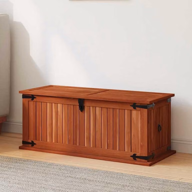 Bruine opbergkist van massief acaciahout als zitbankje voor de woonkamer, hal of slaapkamer - B/D/H: 79 x 34 x 32 cm