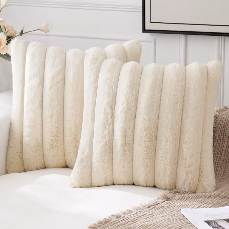 Set van 2 Pluche Kussenhoezen van Neppels, Decoratieve Boho Kussens voor Bank en Sofa, Crème Wit, 40 x 40 cm