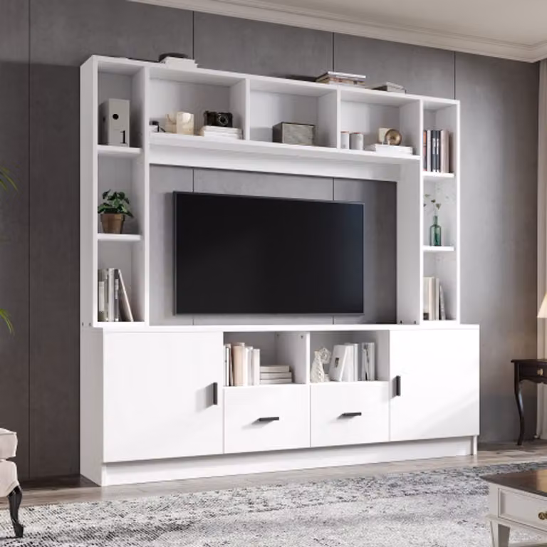 Scandinavisch Wandsysteem TV-Meubelset Wit – TV-Board met 2 Kasten, 2 Laden en Wandregal – B/D/H: 180 x 35 x 170 cm