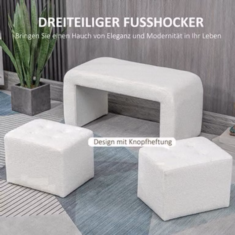 3-delige poef set met button tufted design in crème - Ottoman voetenbankjes en zitelementen - B/D/H: 89 x 42,5 x 45 cm